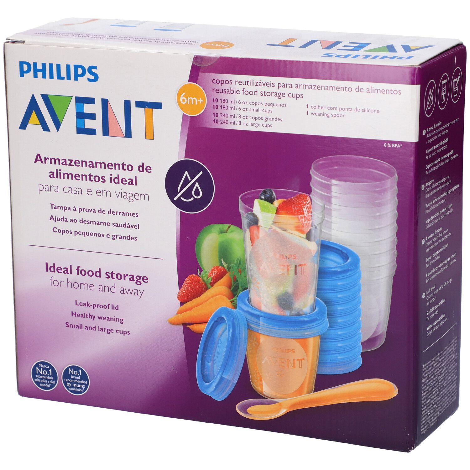Confezione con contenitori, coperchi e cucchiaio. Scritta "PHILIPS AVENT". Ideale per conservare alimenti per bambini.