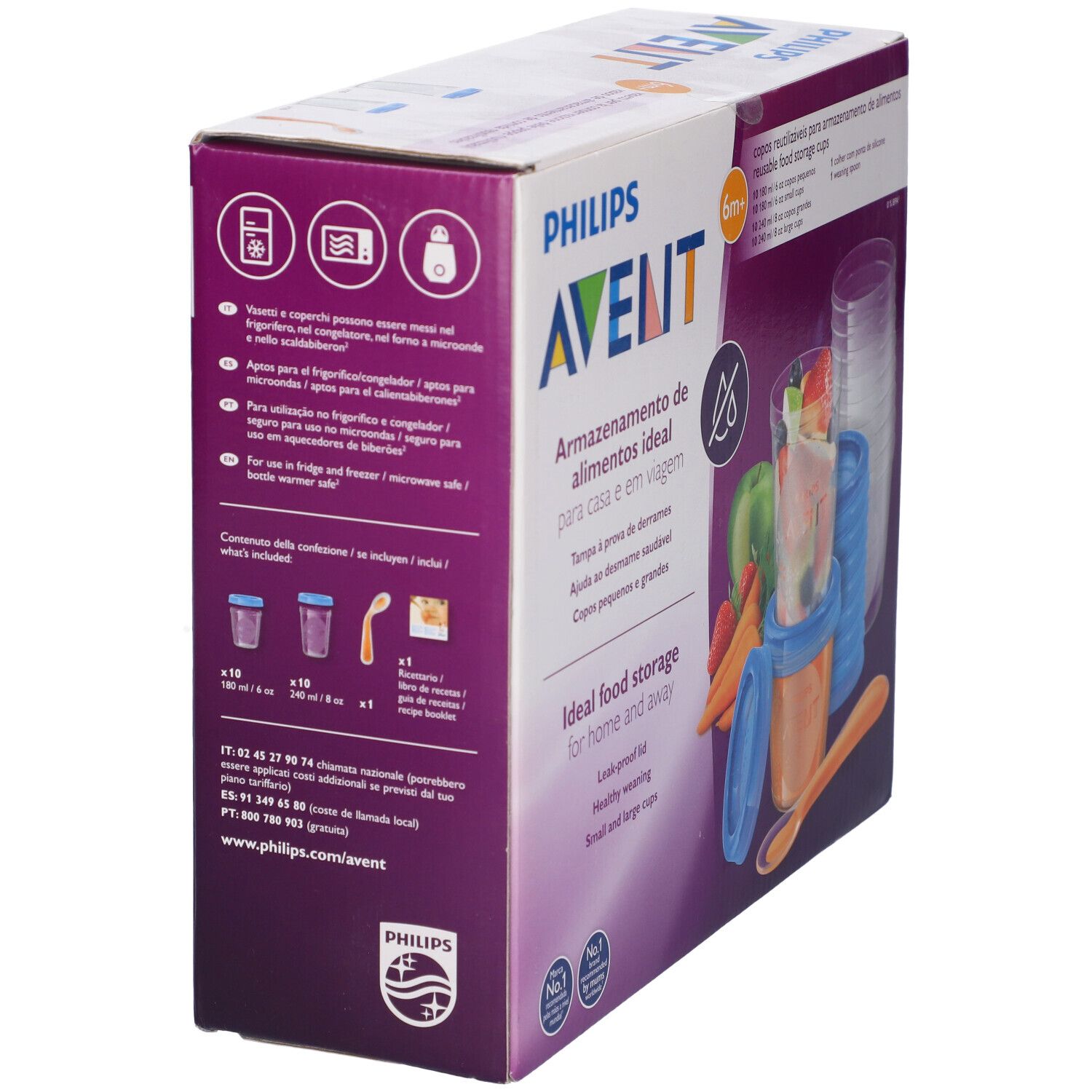 Vista laterale della confezione con informazioni sul prodotto. Loghi e testo in diverse lingue. Marchio "PHILIPS AVENT".