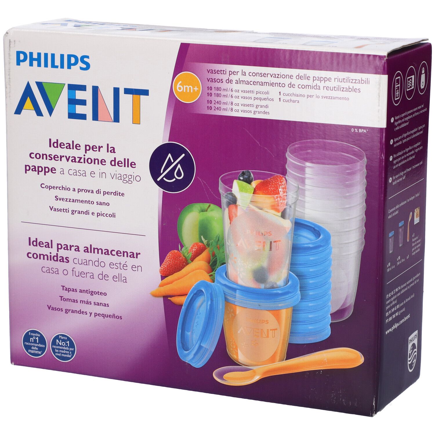 Confezione con contenitori, coperchi e cucchiaio. Scritta "PHILIPS AVENT". Ideale per conservare alimenti per bambini.