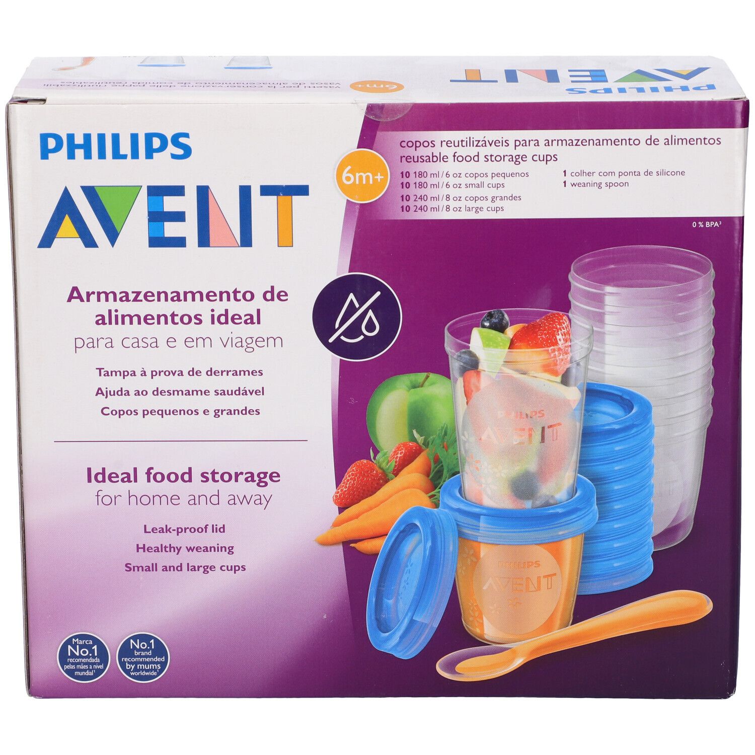 Confezione con contenitori, coperchi e cucchiaio. Scritta "PHILIPS AVENT". Ideale per conservare alimenti per bambini.