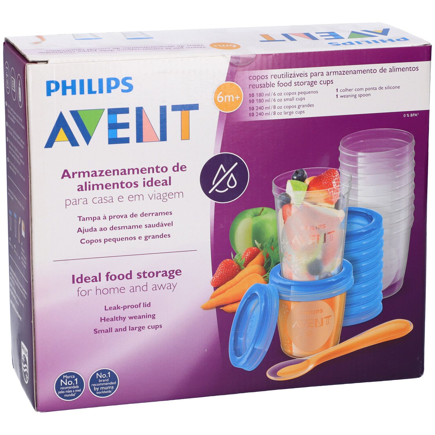 Confezione con contenitori, coperchi e cucchiaio. Scritta "PHILIPS AVENT". Ideale per conservare alimenti per bambini.