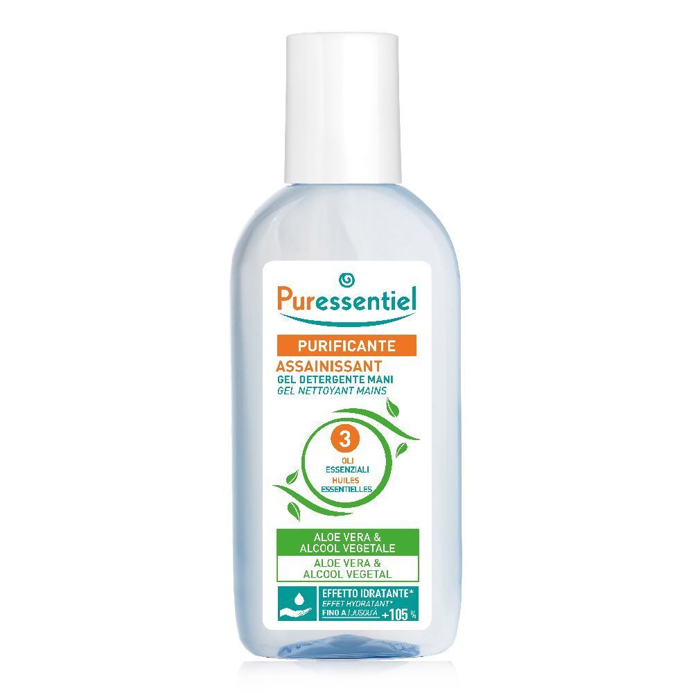 Flacon transparent avec bouchon blanc. Étiquette orange et verte. Inscriptions : 'Purifiant', 'Gel nettoyant mains'.