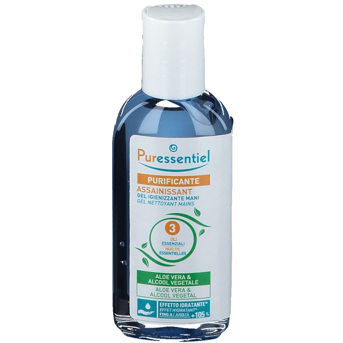 Flacon transparent avec liquide bleu et bouchon blanc. Étiquette orange et éléments verts. Texte : 'Purifiant'.