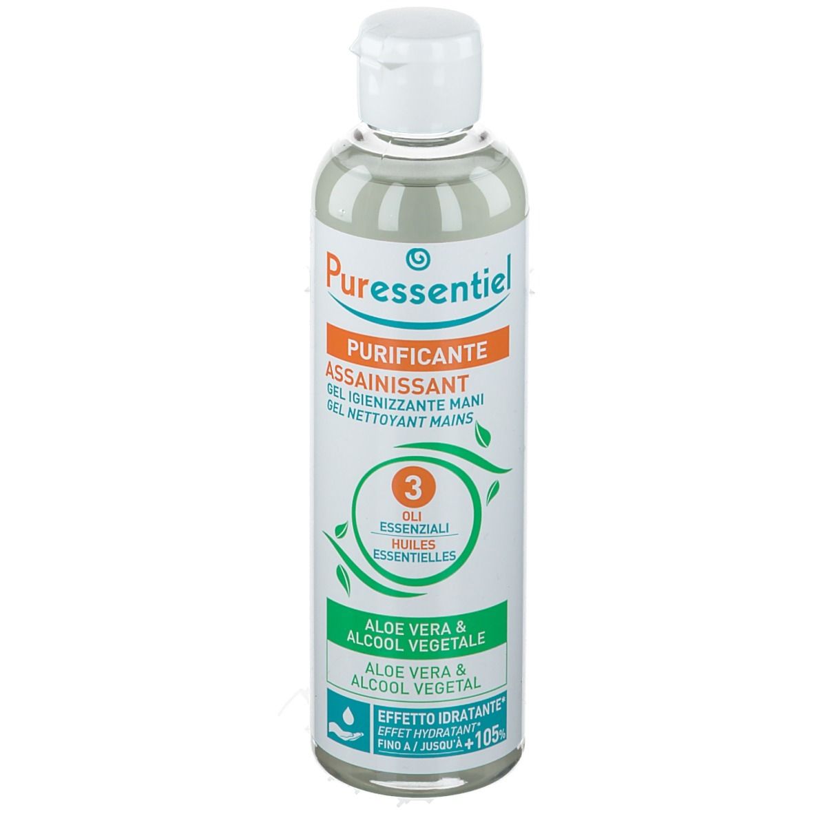 Flacon de gel nettoyant. Inscription: Purificante. Inscriptions vertes: Aloe Vera, 3 huiles essentielles. Bouchon blanc.