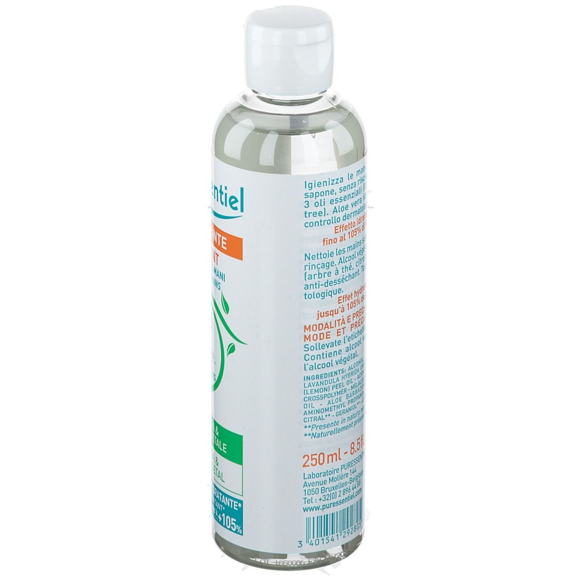 Flacon de gel nettoyant. Inscription: Purificante. Inscriptions vertes: Aloe Vera, 3 huiles essentielles. Texte au dos.