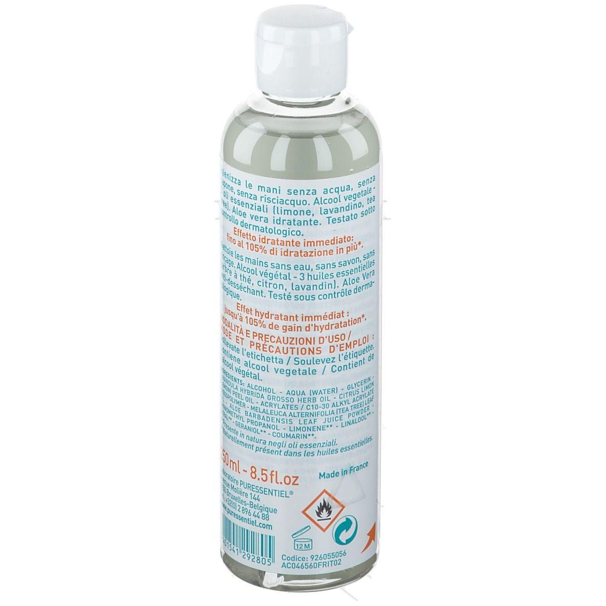 Flacon de gel nettoyant. Inscription: Purificante. Inscriptions vertes: Aloe Vera, 3 huiles essentielles. Texte au dos.