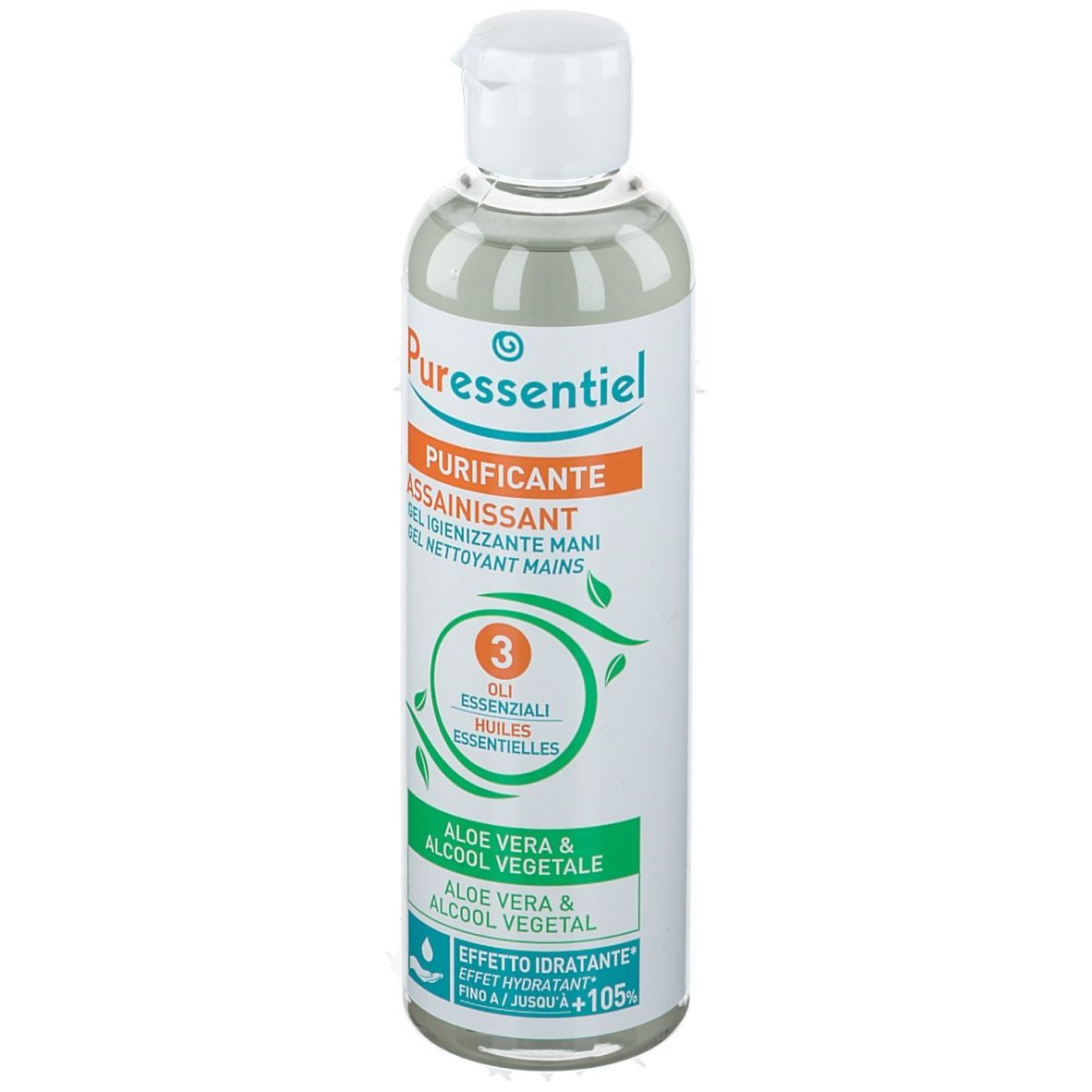 Flacon de gel nettoyant. Inscription: Purificante. Inscriptions vertes: Aloe Vera, 3 huiles essentielles. Bouchon blanc.