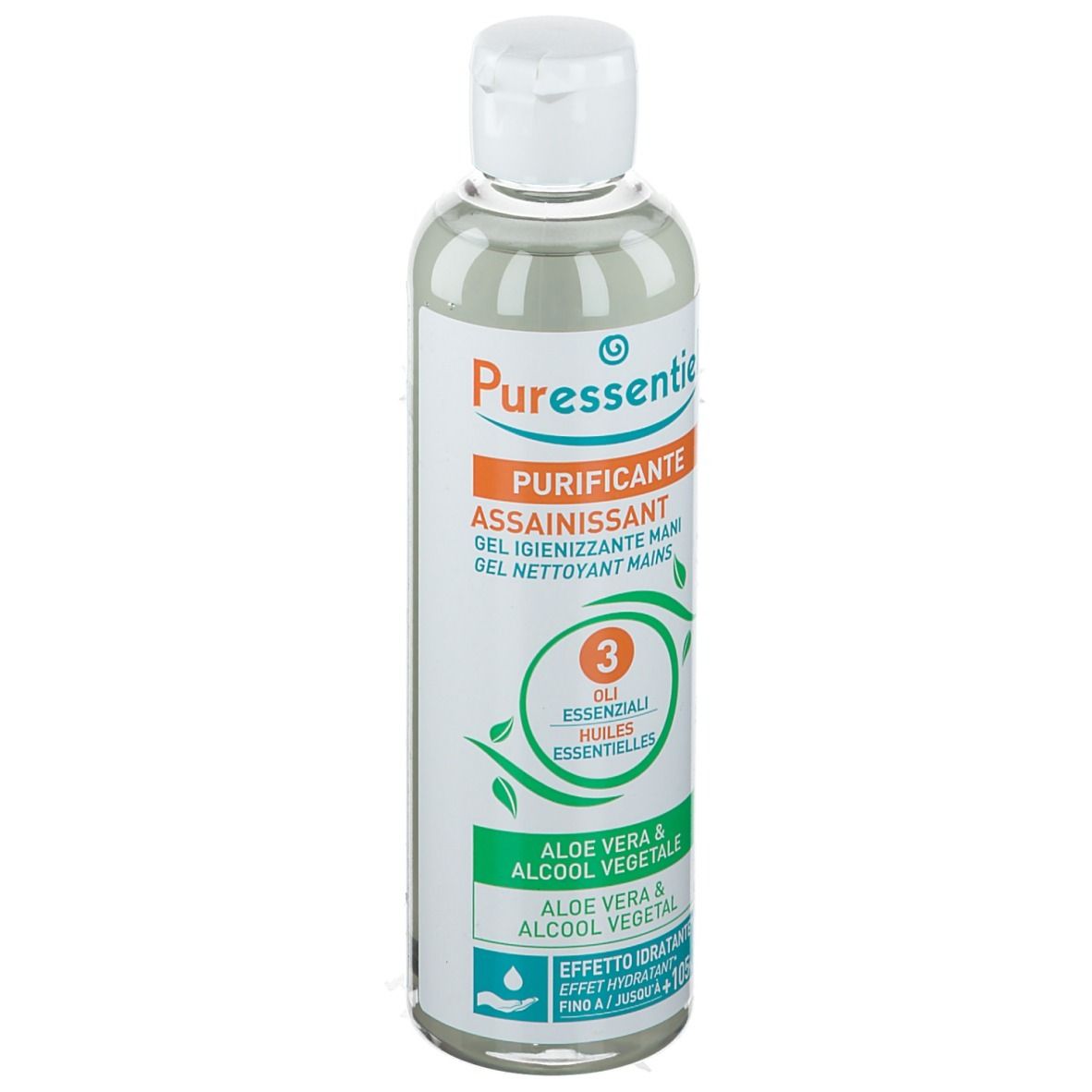 Flacon de gel nettoyant. Inscription: Purificante. Inscriptions vertes: Aloe Vera, 3 huiles essentielles. Bouchon blanc.