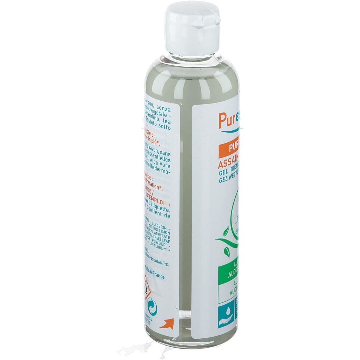 Flacon de gel nettoyant. Inscription: Purificante. Inscriptions vertes: Aloe Vera, 3 huiles essentielles. Texte au dos.