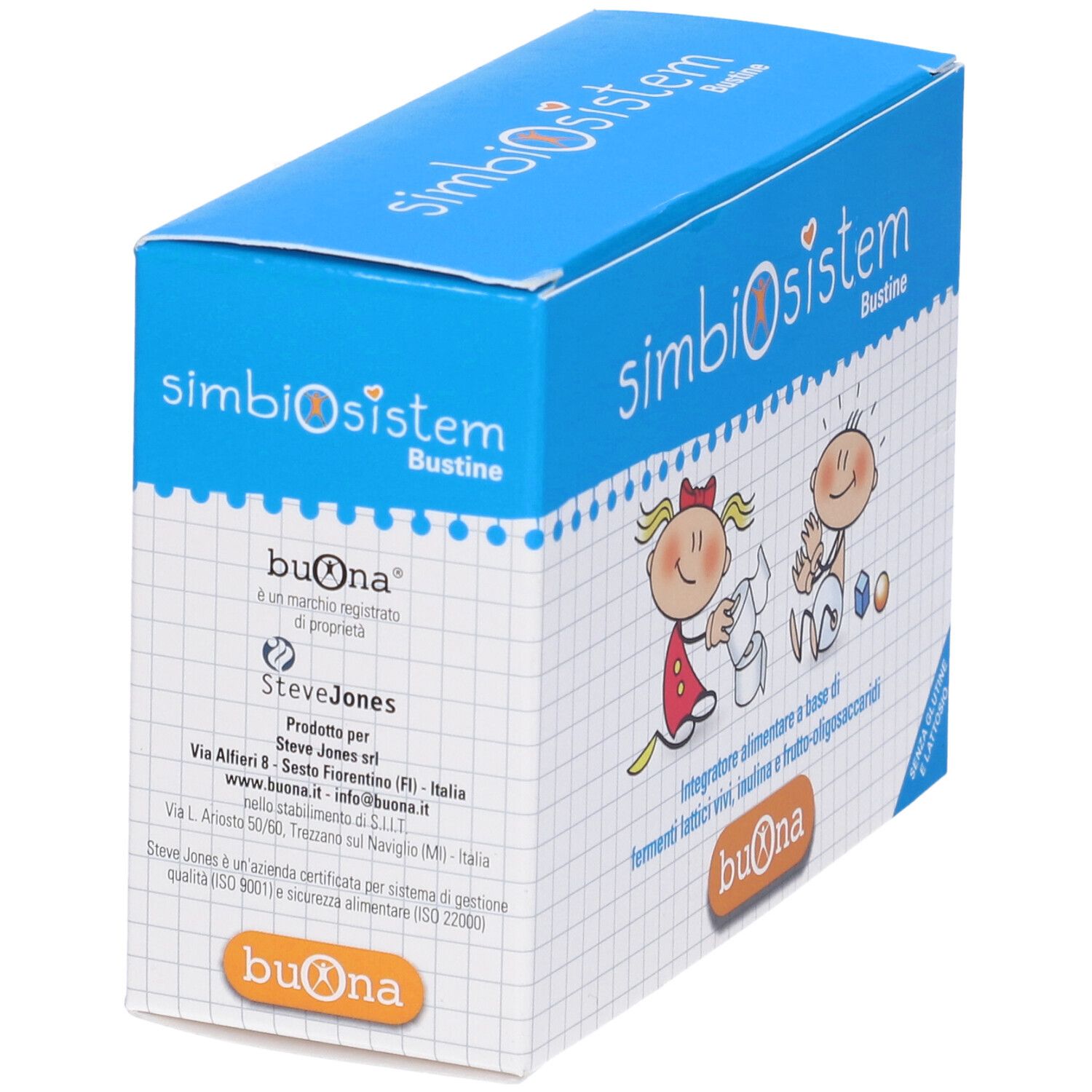 Scatola blu Simbiosistem Bustine. Contiene fermenti lattici vivi, inulina e frutto-oligosaccaridi. Senza glutine e lattosio.