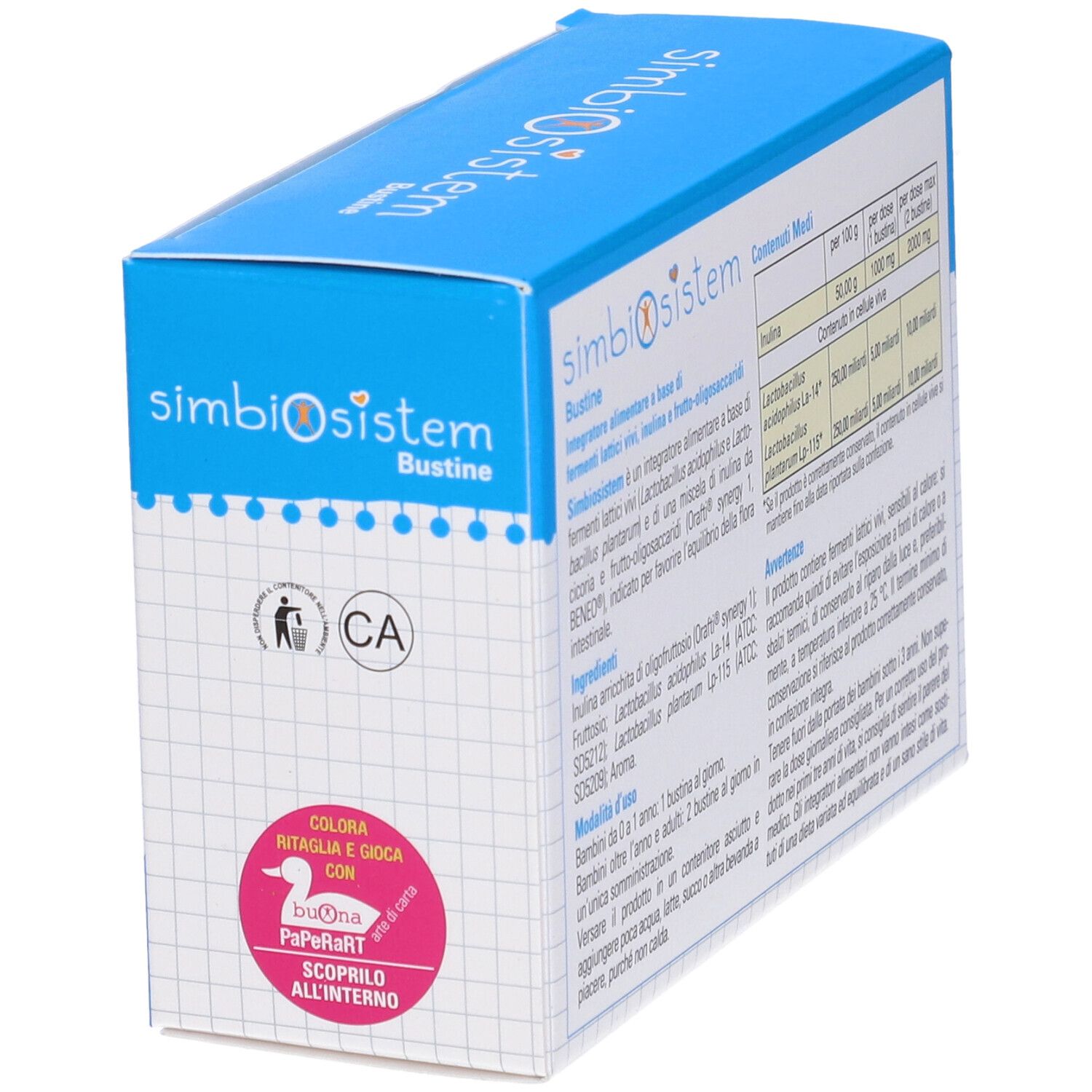 Scatola blu Simbiosistem Bustine. Contiene fermenti lattici vivi, inulina e frutto-oligosaccaridi. Senza glutine e lattosio.