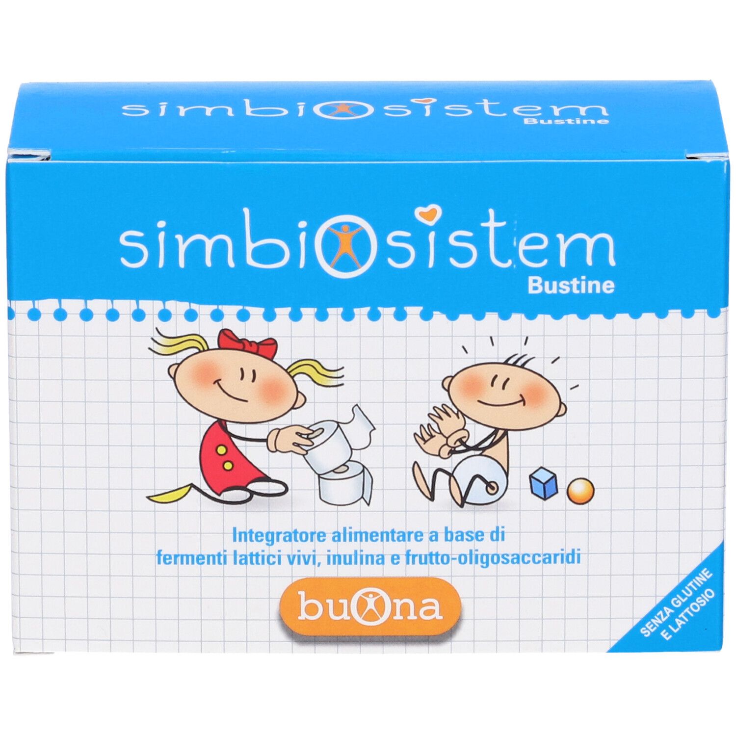 Scatola blu Simbiosistem Bustine. Contiene fermenti lattici vivi, inulina e frutto-oligosaccaridi. Senza glutine e lattosio.