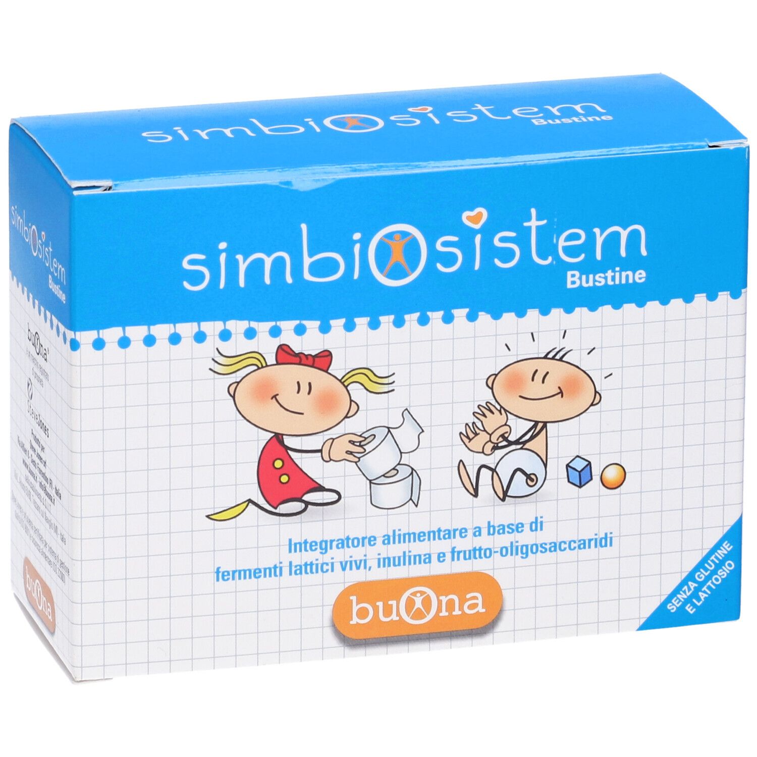 Scatola blu Simbiosistem Bustine. Contiene fermenti lattici vivi, inulina e frutto-oligosaccaridi. Senza glutine e lattosio.