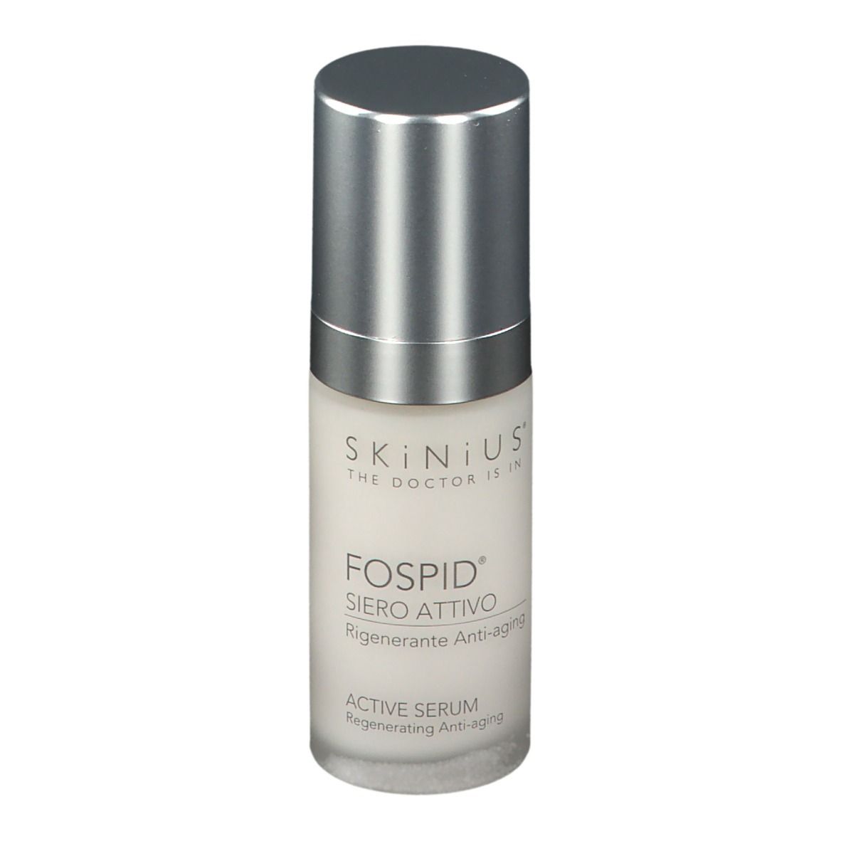Flacone cilindrico con tappo argentato. Etichetta bianca con testo: SKINIUS, FOSPID, ACTIVE SERUM.