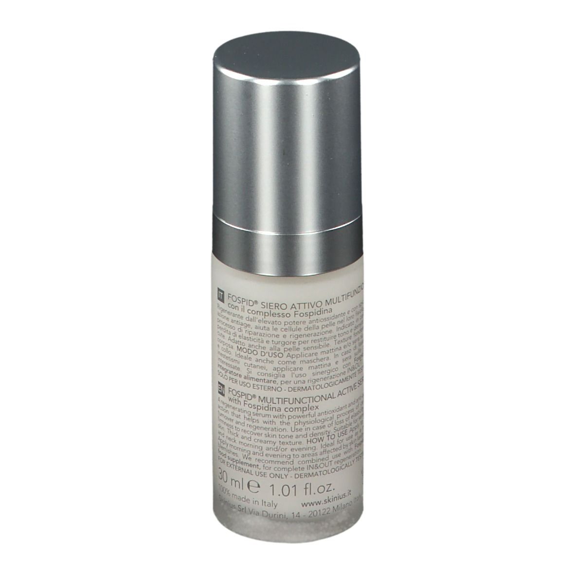Flacone con tappo argentato. Etichetta bianca con testo: SKINIUS, FOSPID, ACTIVE SERUM. Retro con testo.