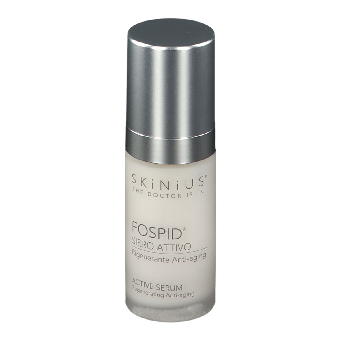 Flacone con tappo argentato. Etichetta bianca con testo: SKINIUS, FOSPID, ACTIVE SERUM. Retro con testo.