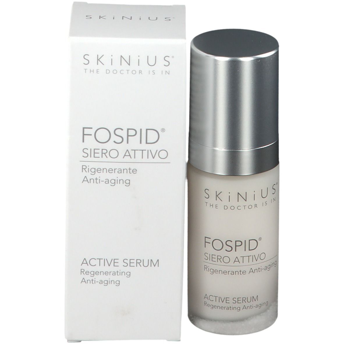 Flacone con tappo argentato. Etichetta bianca con testo: SKINIUS, FOSPID, ACTIVE SERUM. Scatola accanto.