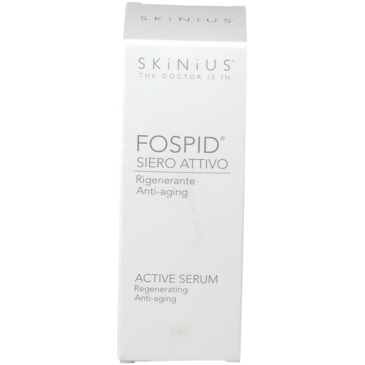 Scatola bianca con testo: SKINIUS, FOSPID, ACTIVE SERUM.