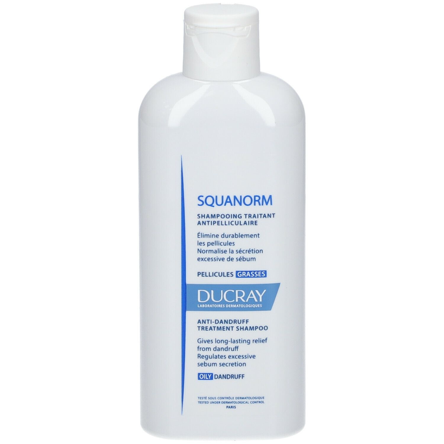 Flacon blanc avec étiquette bleue. Texte : SQUANORM, shampooing antipelliculaire, DUCRAY.