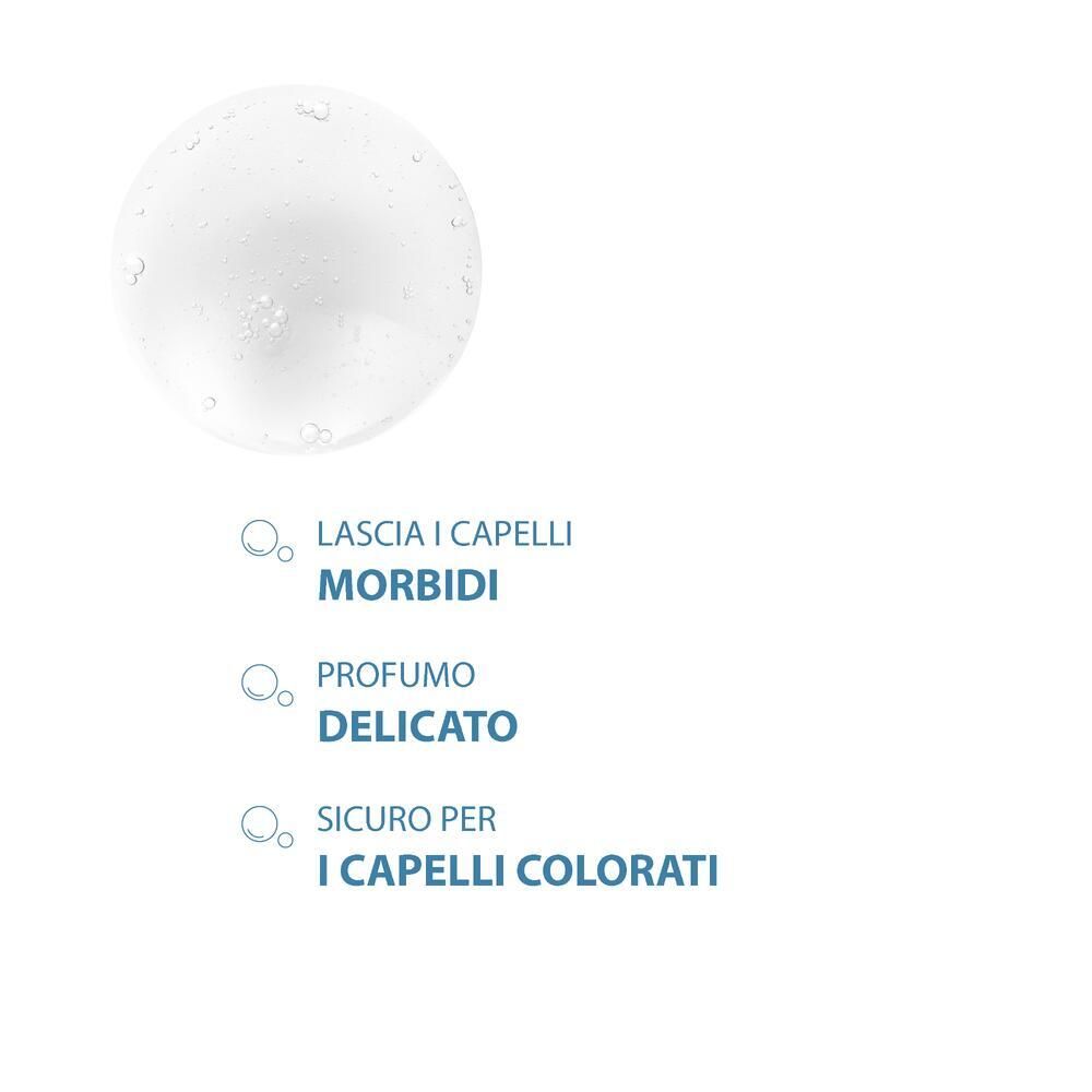 Graphique avec gouttes et texte : Lascia i capelli morbidi, Profumo delicato, Sicuro per i capelli colorati.