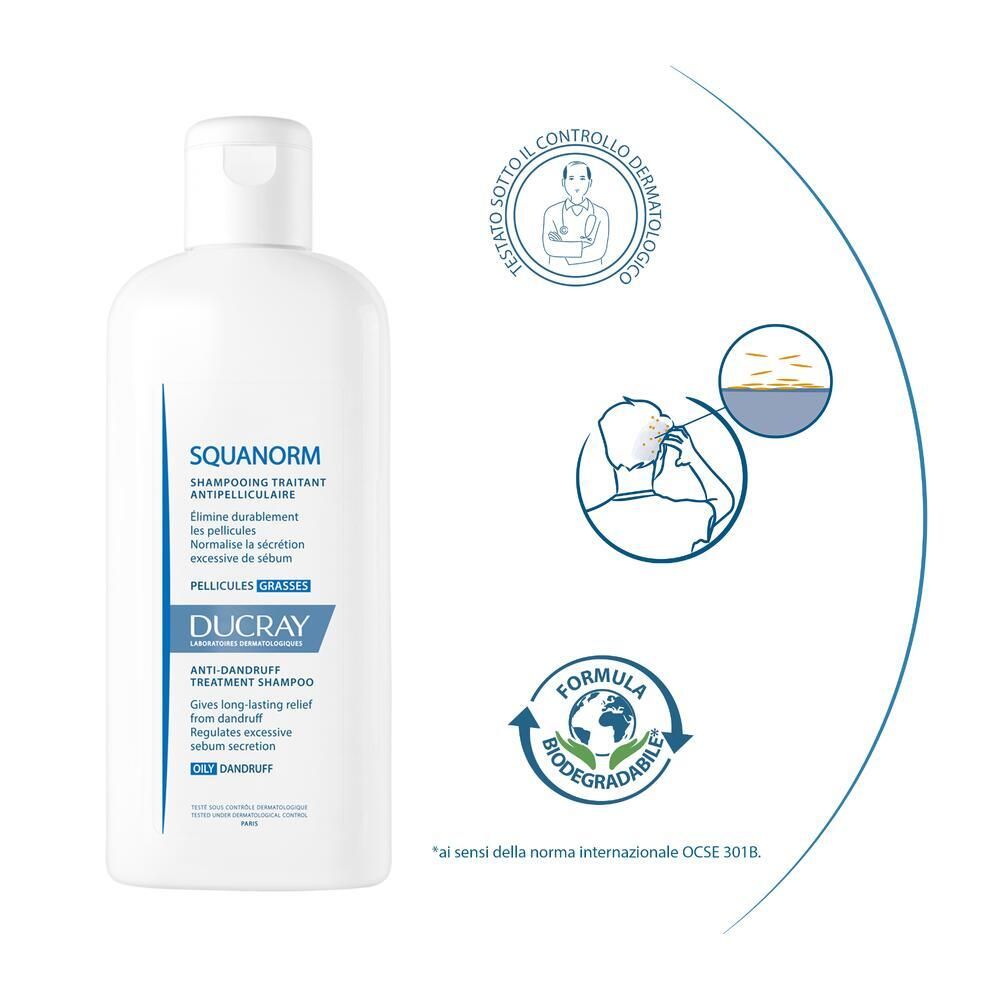 Flacon avec texte : SQUANORM, DUCRAY. Illustrations : cuir chevelu, biodégradable.