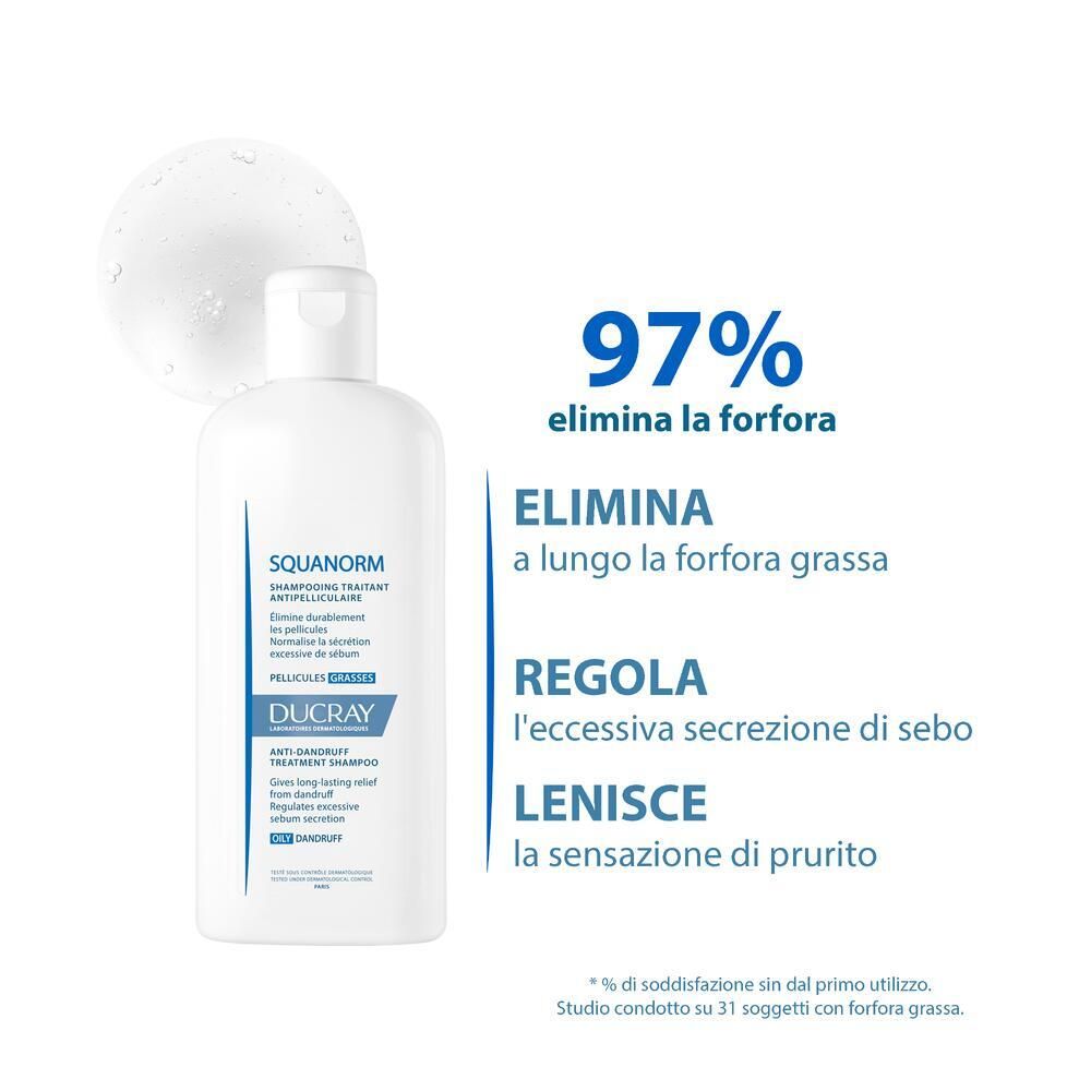Flacon avec texte et graphique. 97% élimine les pellicules. Elimina a lungo la forfora grassa.