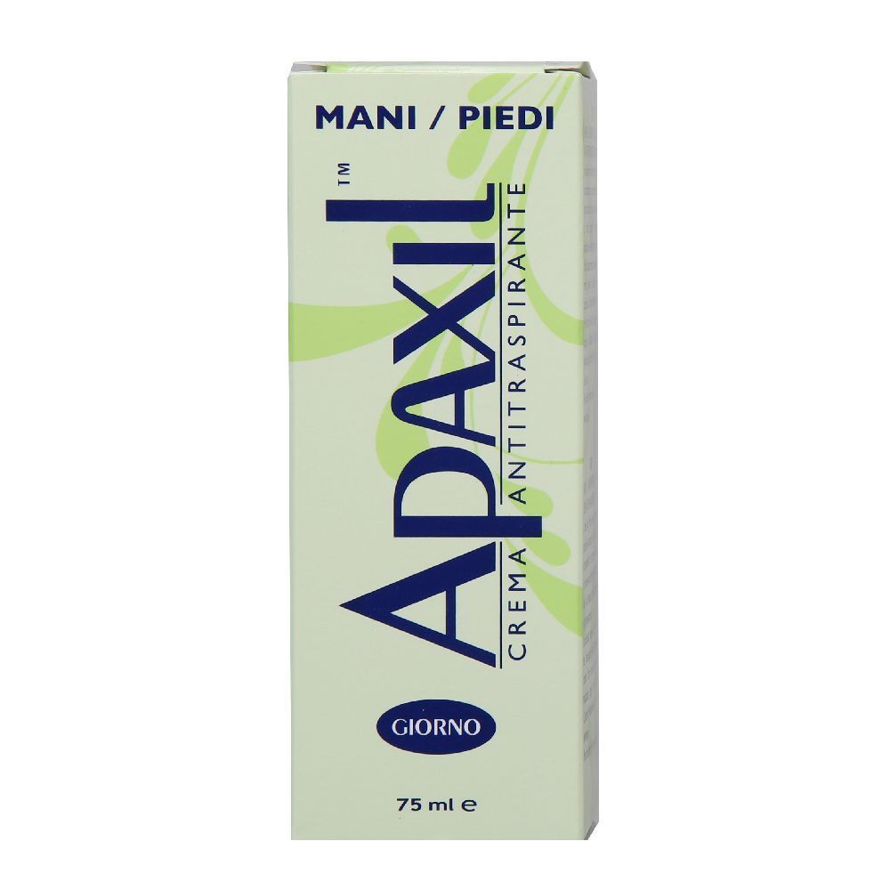 Scatola Apaxil, scritta 'Mani/piedi' e 'Giorno'. Colori verde e bianco. Contiene 75 ml.