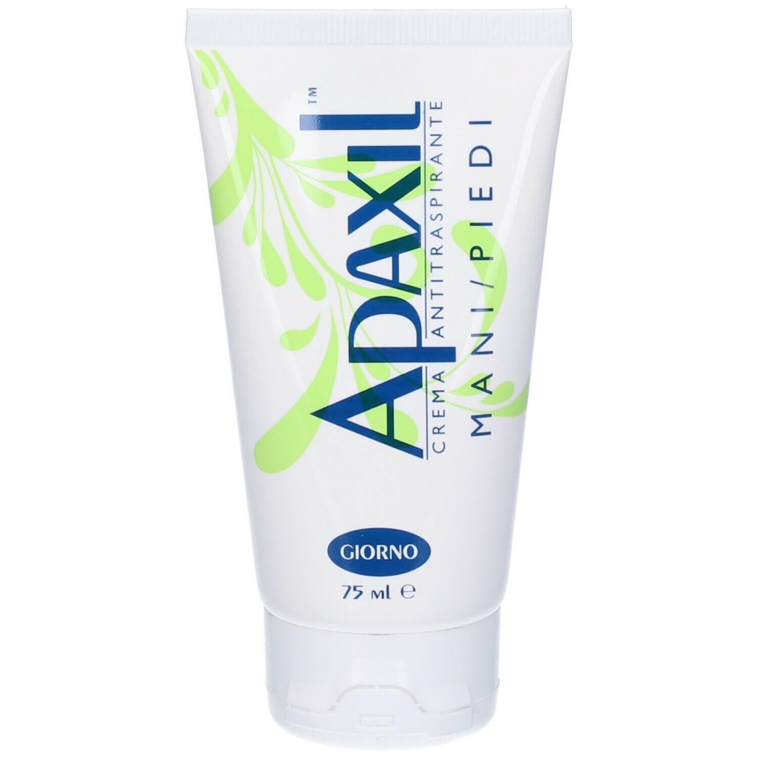 Tubo Apaxil, scritta 'Mani/piedi' e 'Giorno'. Bianco con dettagli verdi. Contiene 75 ml.