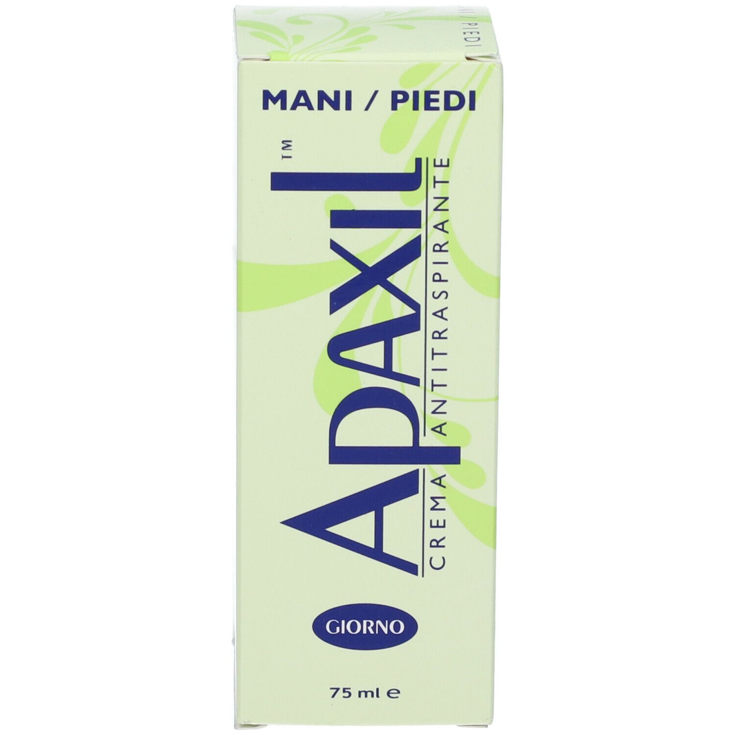 Scatola Apaxil, scritta 'Mani/piedi' e 'Giorno'. Colori verde e bianco. Contiene 75 ml.