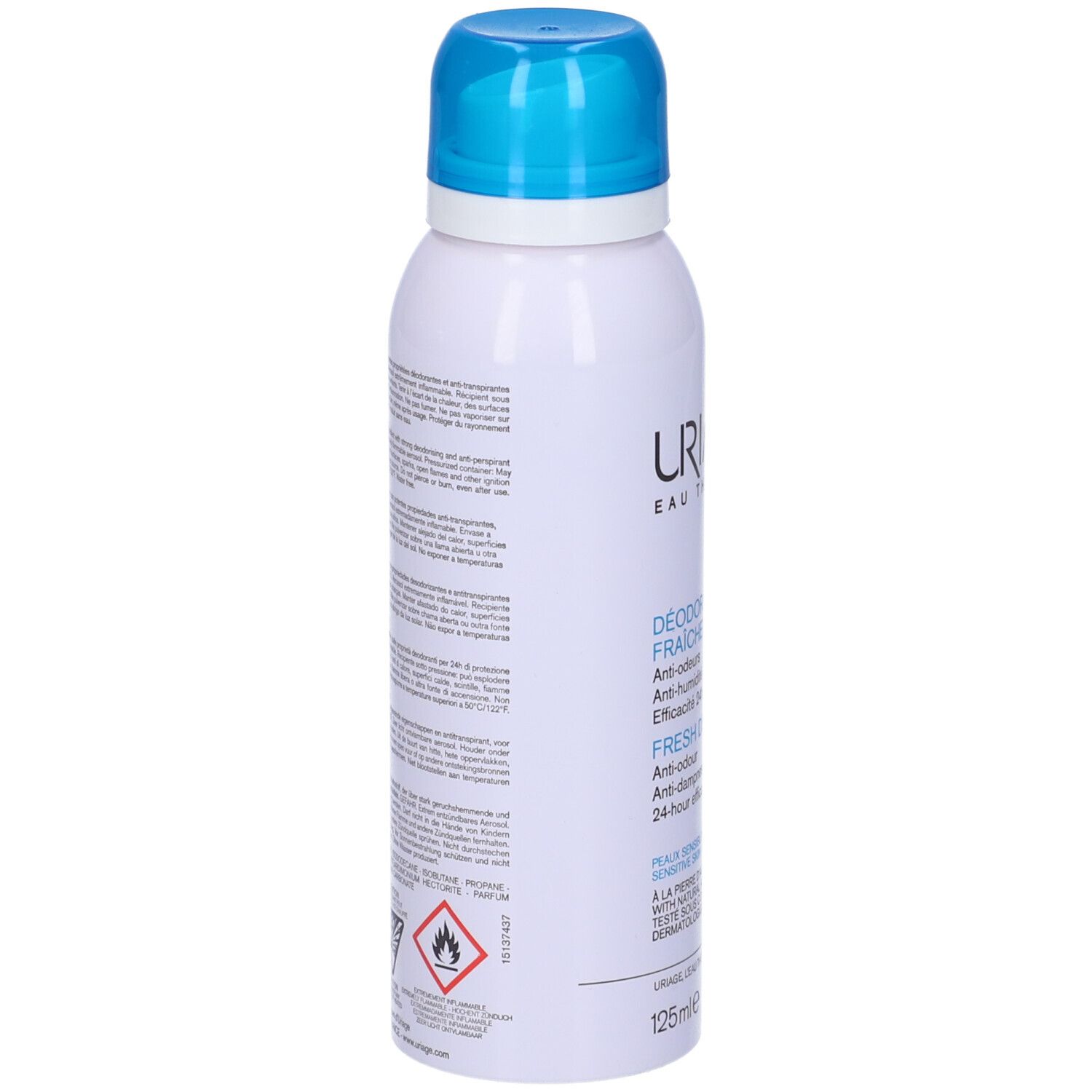 Retro del deodorante. Testo multilingue. Avvertenze e simbolo di riciclaggio.