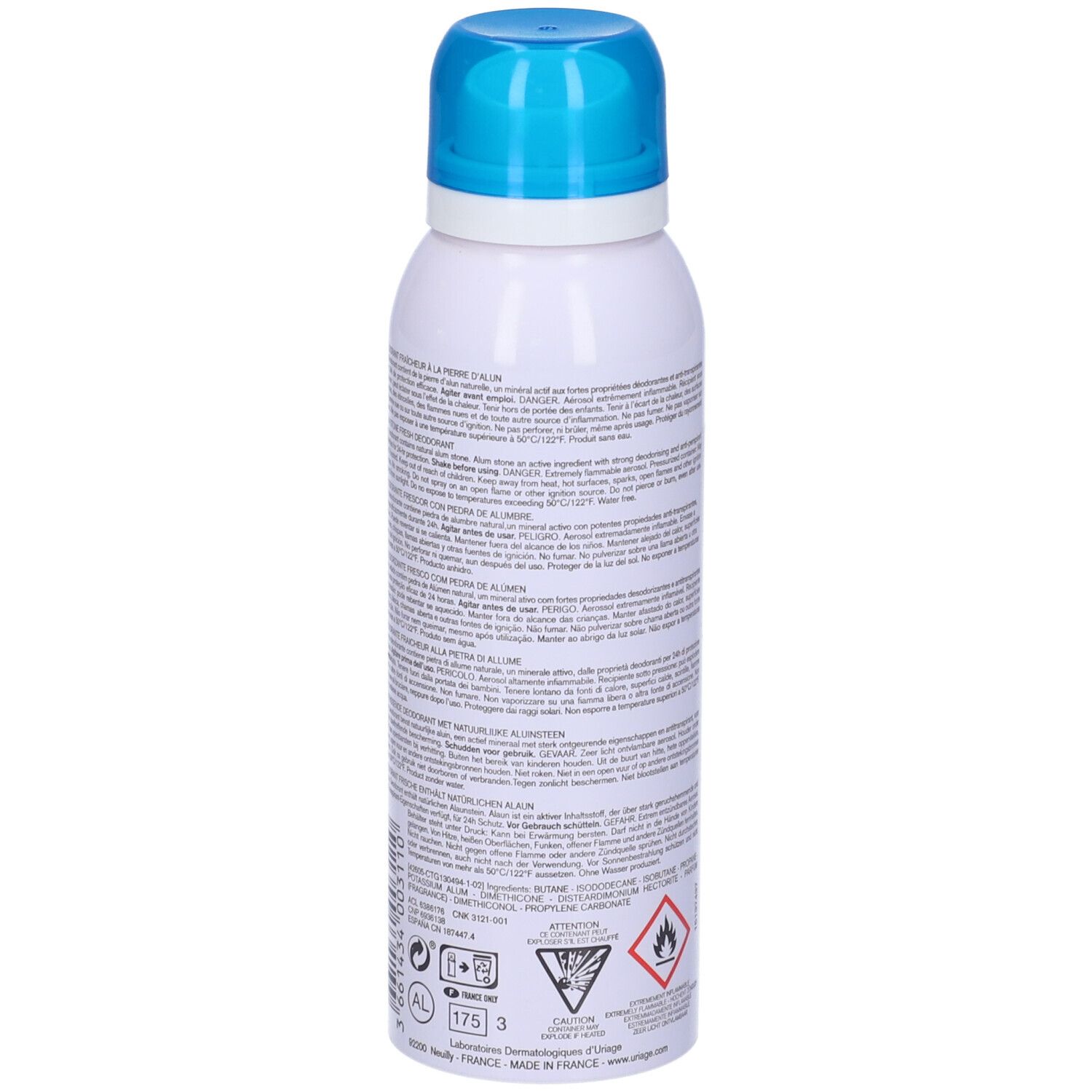 Retro del deodorante. Testo multilingue. Avvertenze e simbolo di riciclaggio.