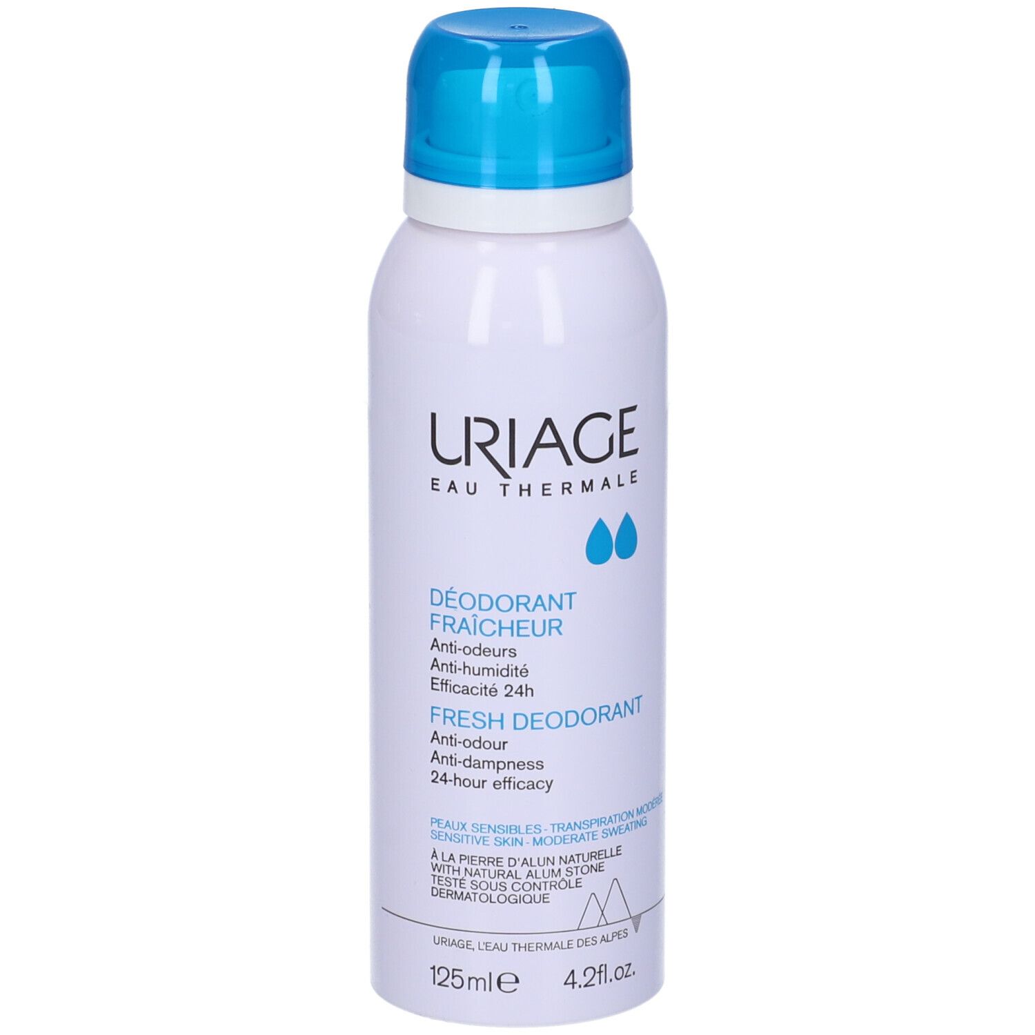 Deodorante bianco con tappo blu. Scritte: URIAGE, Eau Thermale, Déodorant Fraicheur. 125ml.