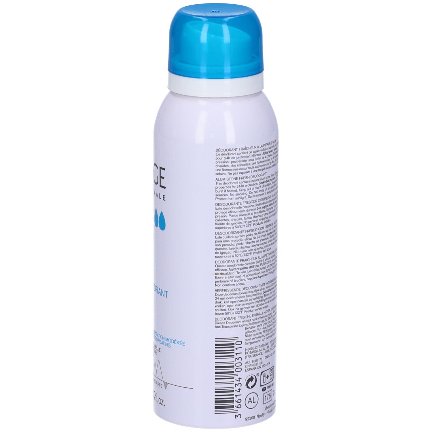 Retro del deodorante. Testo multilingue. Avvertenze e simbolo di riciclaggio.