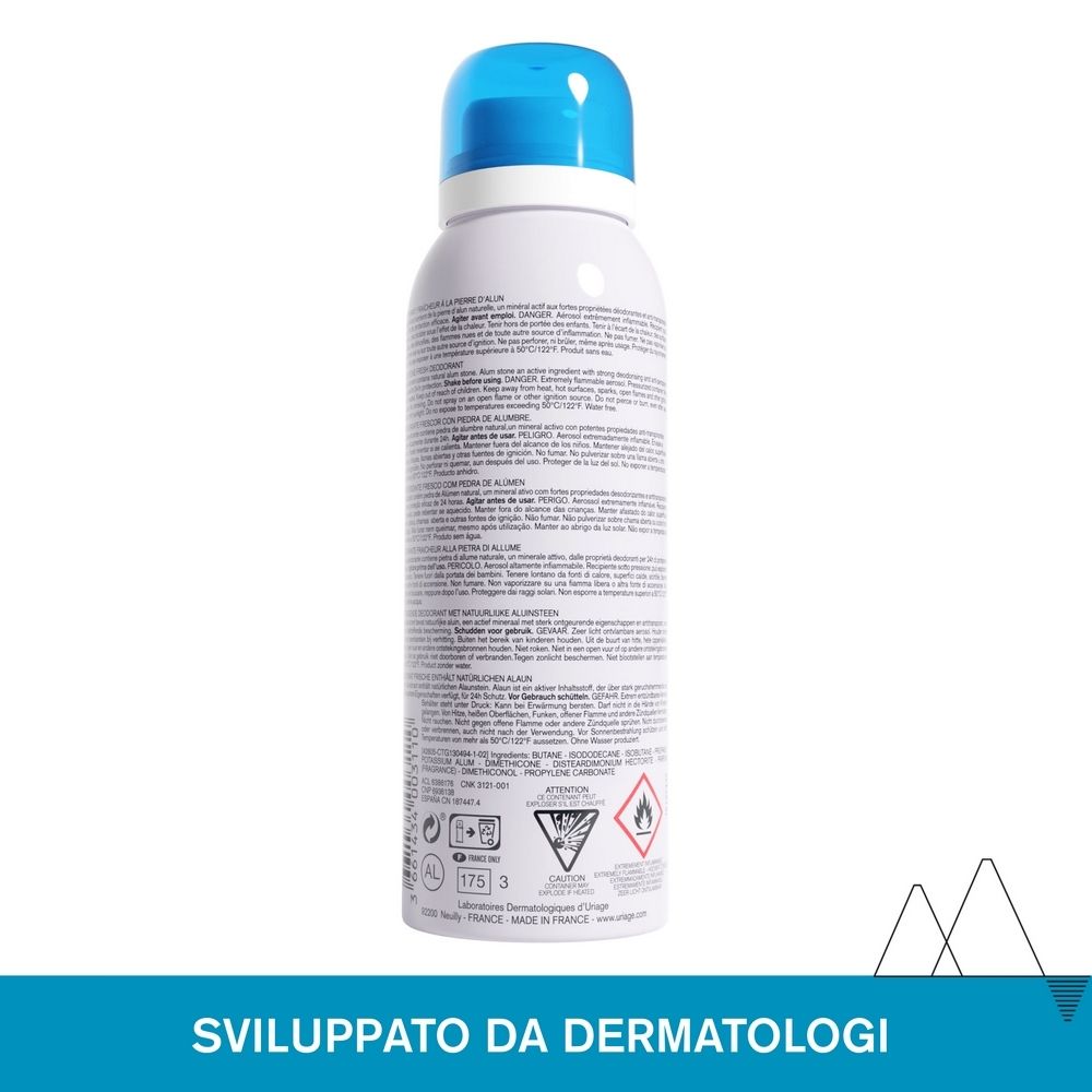 Retro del deodorante. Testo multilingue. Avvertenze e simbolo di riciclaggio.