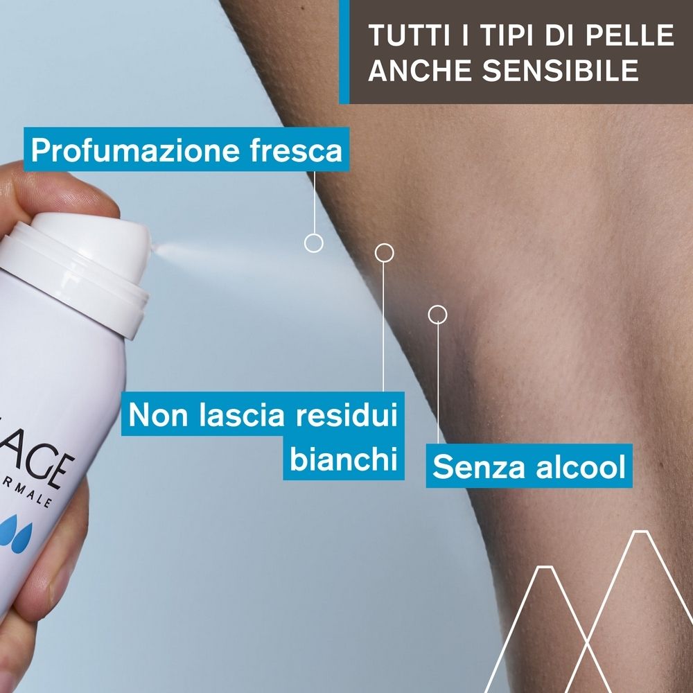 Deodorante spruzzato sull'ascella. Testo: Profumazione fresca, Non lascia residui bianchi, Senza alcool.