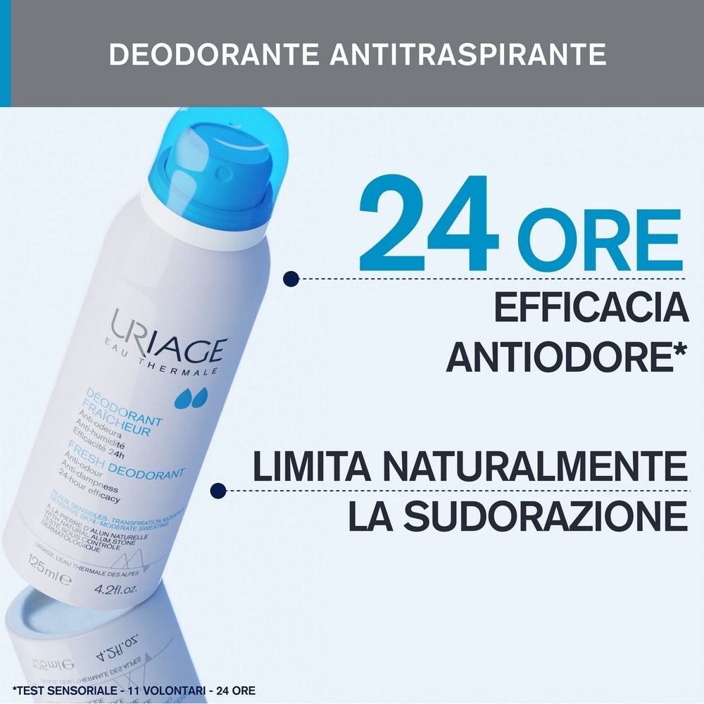 Deodorante con testo: 24 Ore, Efficacia antiodore, Limita naturalmente la sudorazione.