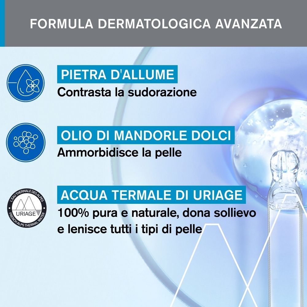 Ingredienti: Pietra d'Allume, Olio di Mandorle Dolci, Acqua Termale di Uriage. Testo.