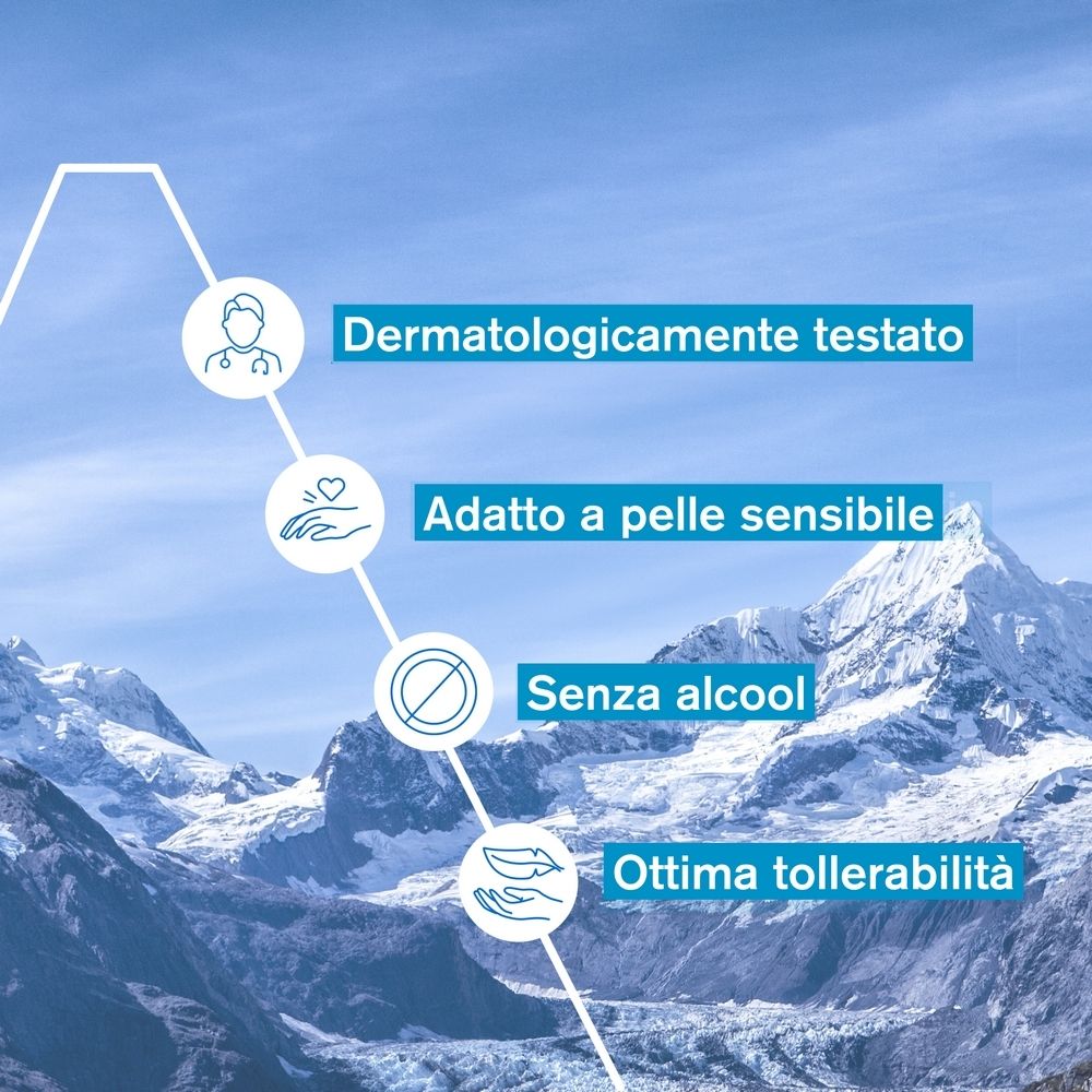Testo: Dermatologicamente testato, Adatto a pelle sensibile, Senza alcool, Ottima tollerabilità.