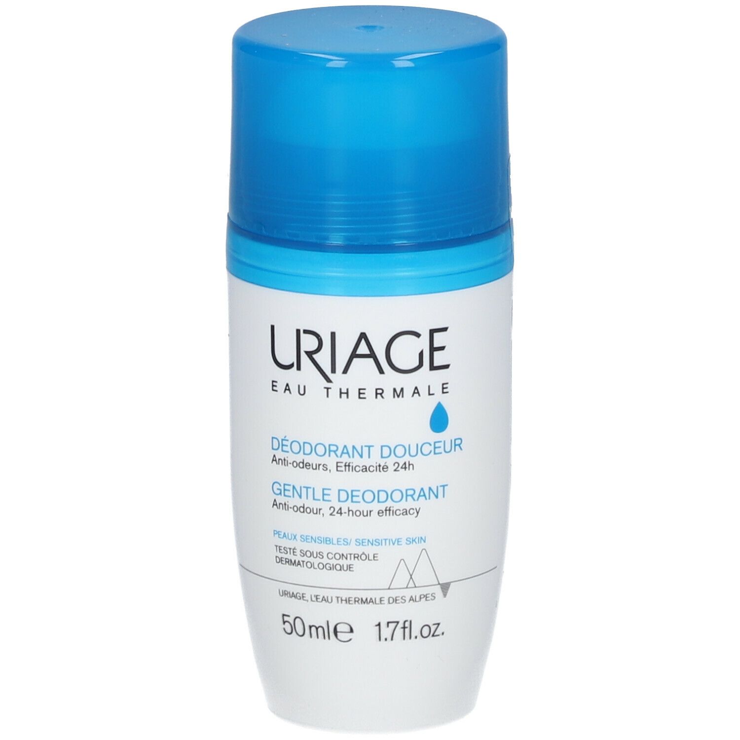 Deodorant-Roller mit blauem Deckel. Aufschrift: URIAGE, Déodorant Douceur, 24h Wirksamkeit. Für empfindliche Haut.