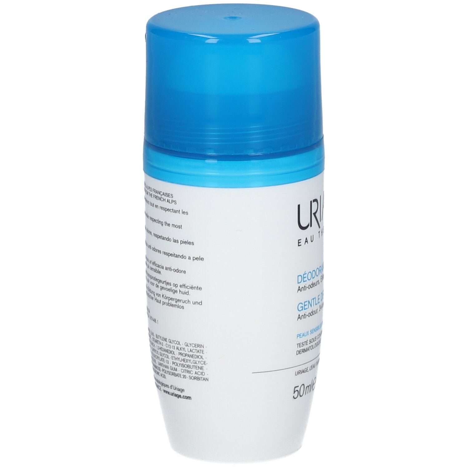 Rückseite des Deodorant-Rollers. Text: Inhaltsstoffe, Herstellerinformationen. Dermatologisch getestet.