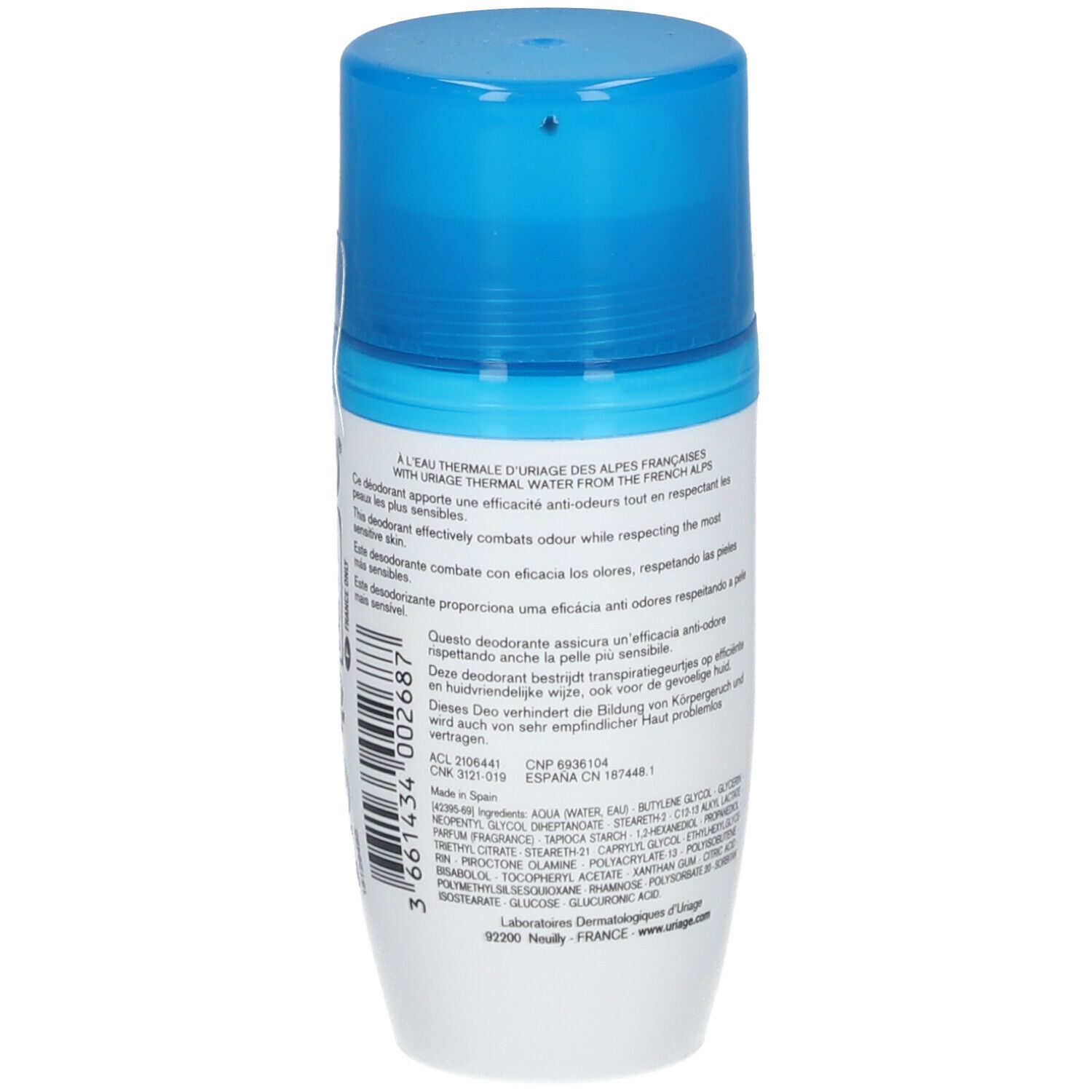 Rückseite des Deodorant-Rollers. Text: Inhaltsstoffe, Herstellerinformationen. Dermatologisch getestet.