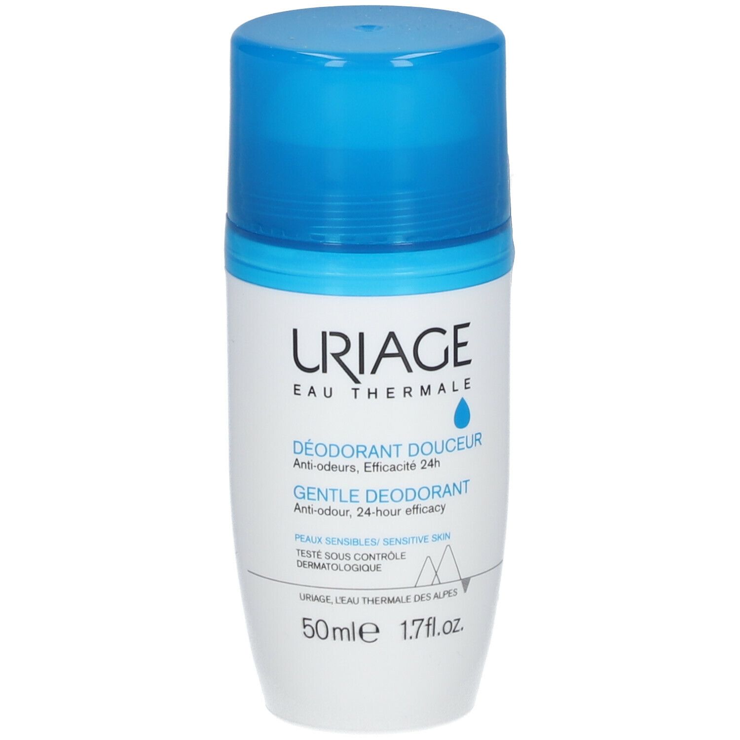 Deodorant-Roller mit blauem Deckel. Aufschrift: URIAGE, Déodorant Douceur, 24h Wirksamkeit. Für empfindliche Haut.