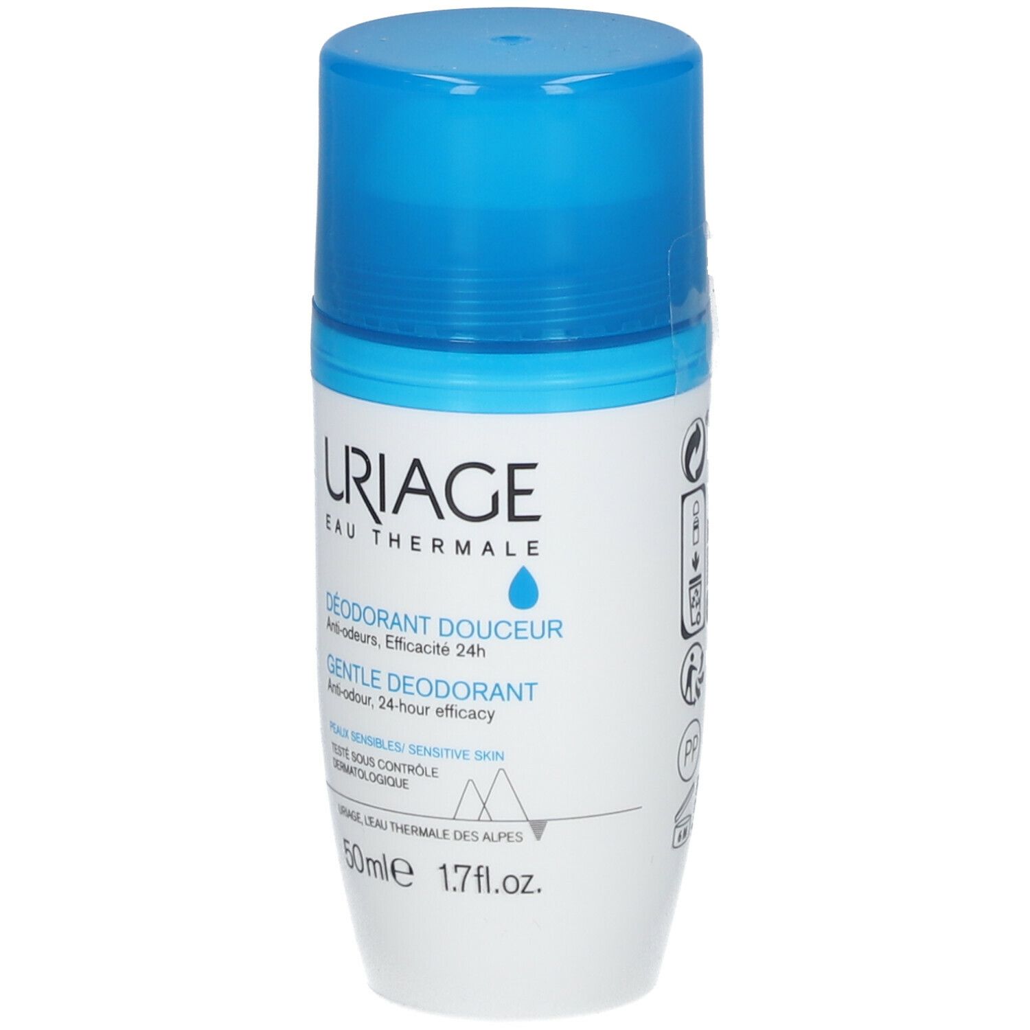 Deodorant-Roller mit blauem Deckel. Aufschrift: URIAGE, Déodorant Douceur, 24h Wirksamkeit. Für empfindliche Haut.