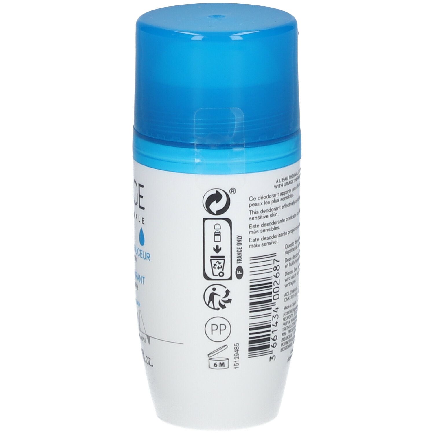 Rückseite des Deodorant-Rollers. Text: Inhaltsstoffe, Herstellerinformationen. Dermatologisch getestet.