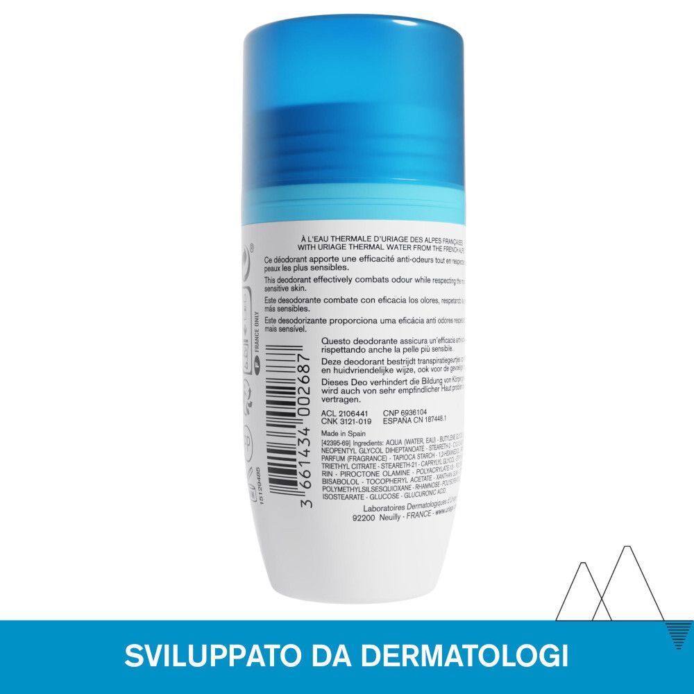 Rückseite des Deodorant-Rollers. Text: Inhaltsstoffe, Herstellerinformationen. Dermatologisch getestet.