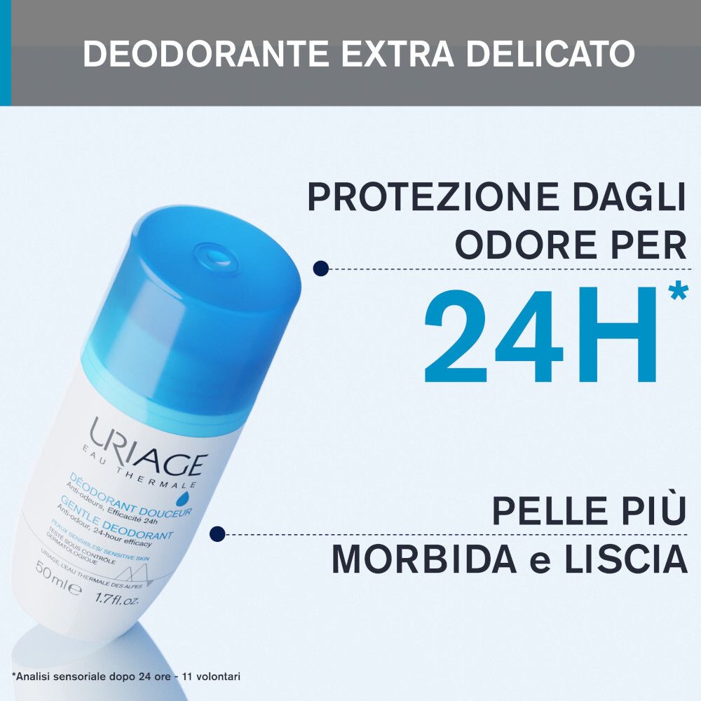 Deodorant-Roller. Text: 24h Schutz vor Geruch, sanfte und glatte Haut. Dermatologisch getestet.