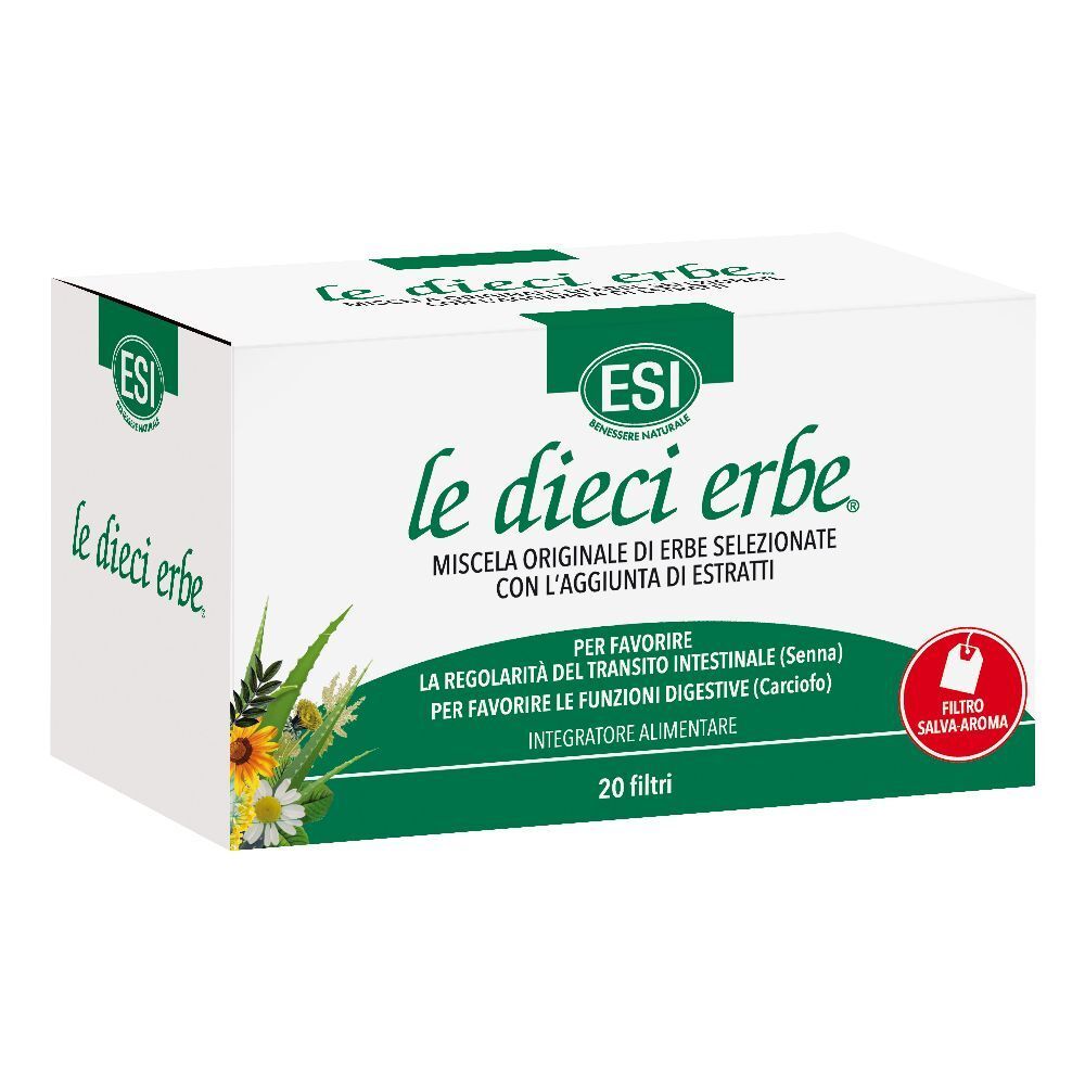 Scatola bianca con logo e scritta verde. Scritto: le dieci erbe. 20 filtri.