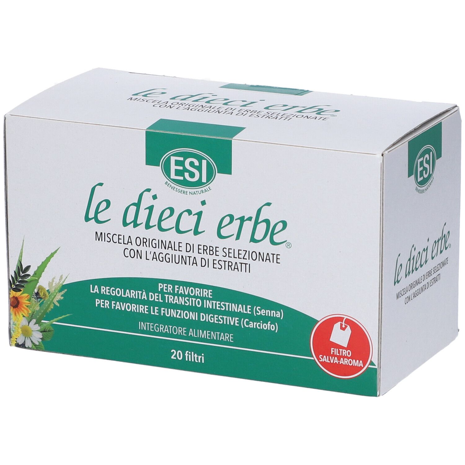 Scatola bianca con logo e scritta verde. Scritto: le dieci erbe. 20 filtri.