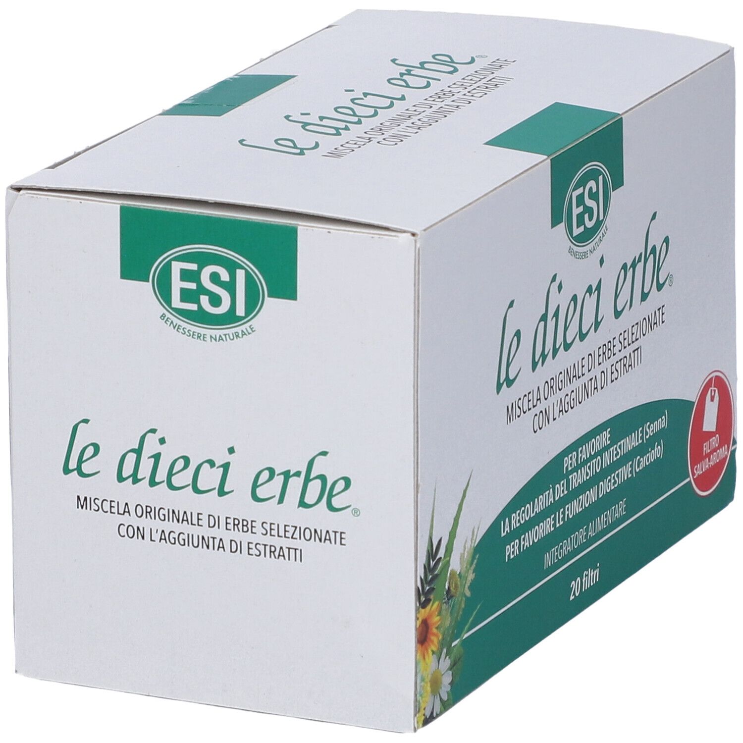 Scatola bianca con logo e scritta verde. Scritto: le dieci erbe. 20 filtri.