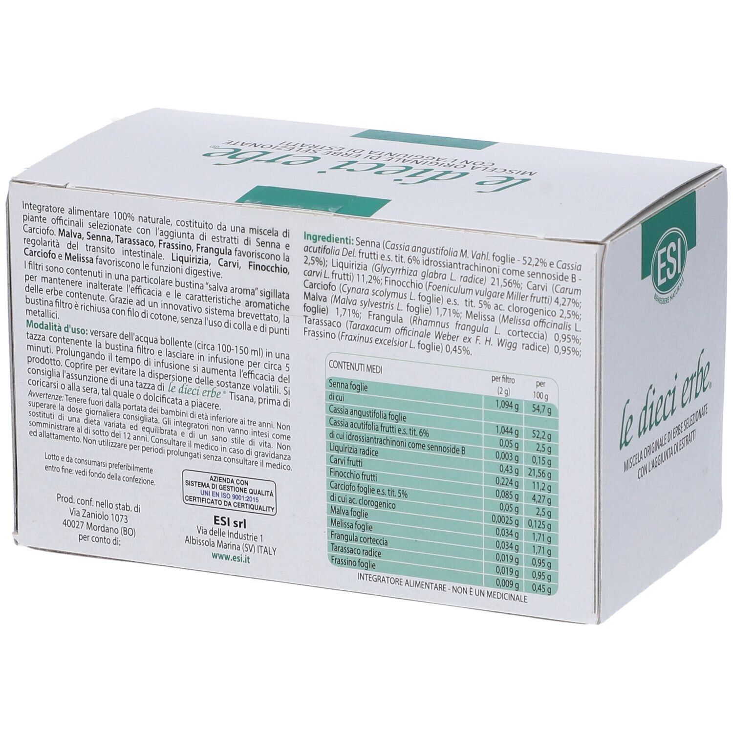 Scatola bianca con logo e testo verde. Retro con ingredienti e informazioni nutrizionali. Scritto: le dieci erbe.